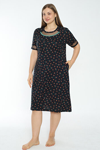 İntensive Plus Size Patterned Cotton Dress - Short Sleeve and Tulle Detail