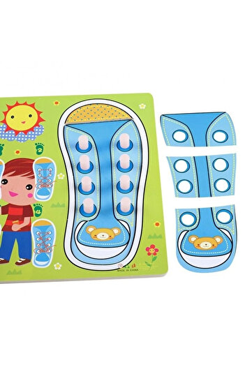 Toyska Joc și puzzle Montessori din lemn, învață să legi șireturile, albastru