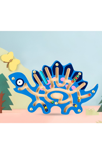 Toyska Labirint Montessori din lemn cu bile, pix magnetic, Stegosaurus, 25 x 15,5 cm, albastru