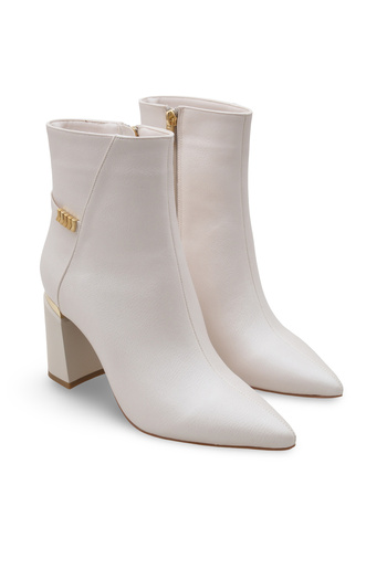 Women Lay-z Women's Heeled Boots Pointed Toe Ecru Skin Gold Detailed 8.5 cm Thick Heel Stylish Modern Design
