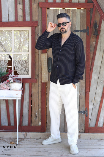 Nyda Collections Men's Crepe Fabric Striped Lycra Oversize Long Sleeve Shirt with Pockets Elastic Waist Lace-Up Trousers Set