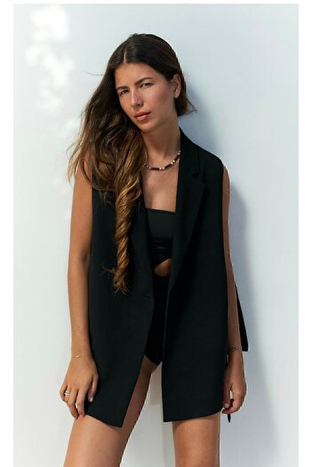 manana fashion Vestă neagră - cu fantă laterală și cataramă, căptușită