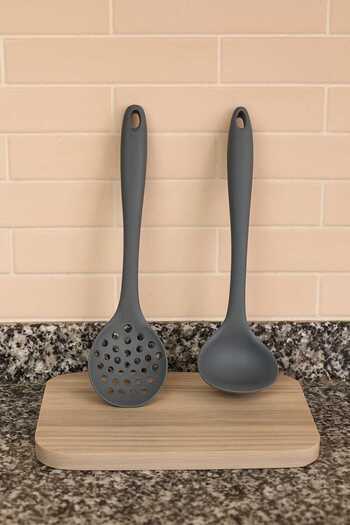 TARIK HOME 2-Piece Gray Silicone Ladle Colander Set Kitchen Serving Set Ergonomic Handle Heat Resistant Hard Silicone