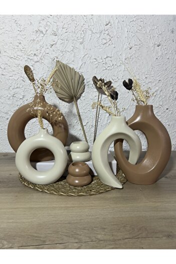 Zigzag Home Διακοσμητικό σετ βάζων 6 τεμαχίων, σετ 2 δαχτυλιδιών, σετ 2 βελανιδιών, σετ 2 κηροπήγια, Σετ ειδώλια σε καφέ μπεζ χρώμα