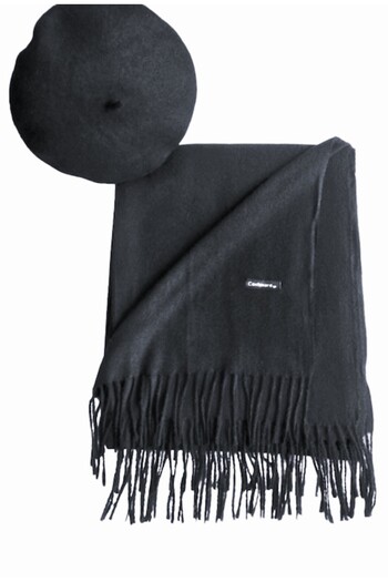 OEM Cashmere Black Shawl and Matched Beret Set, 200 x 75 cm