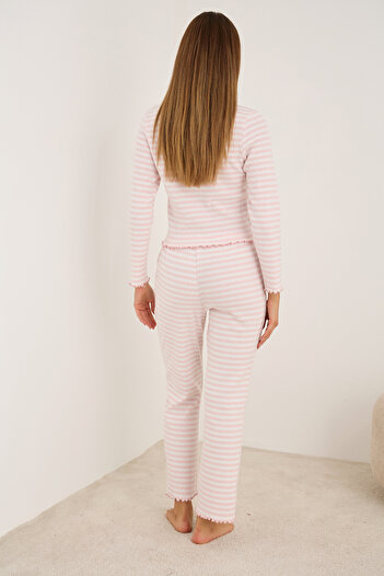 Siyah İnci pembe beyaz Fırçalı Soft Fitilli Kaşkorse Dantelli Pijama Takım25226011
