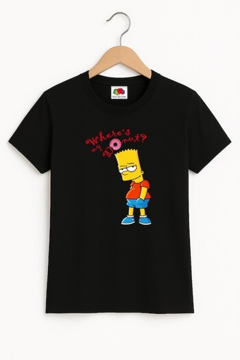 OEM Men's T-Shirt with Bart Simpson and Pink Donut Print, Funny Cartoon, 100% Cotton, BlacK