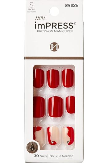 Impress Press-On Nails – “Adore You” (Short Square, Red), 30 Count, Chip-Proof, Waterproof, No Dry Time