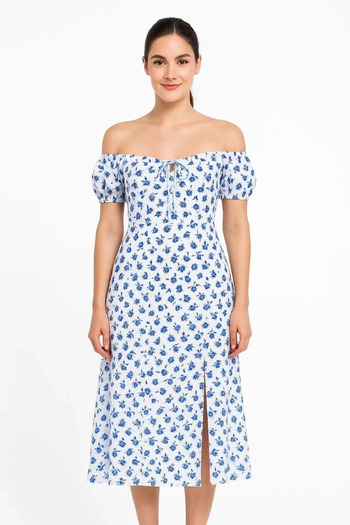 Flexium Bardot Off Shoulder Floral Patterned Dress - Patterned
