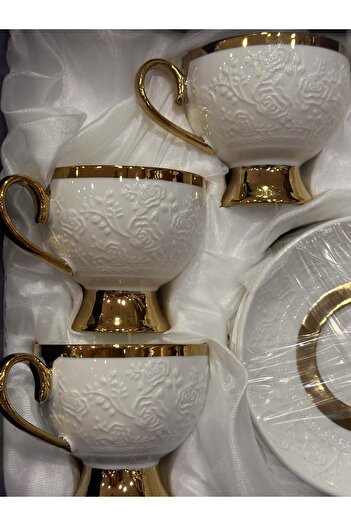 LeesHome Decorative Gold Engraved Gold White Model 6-Piece Large Size Cup Set - Coffee Presentation Set