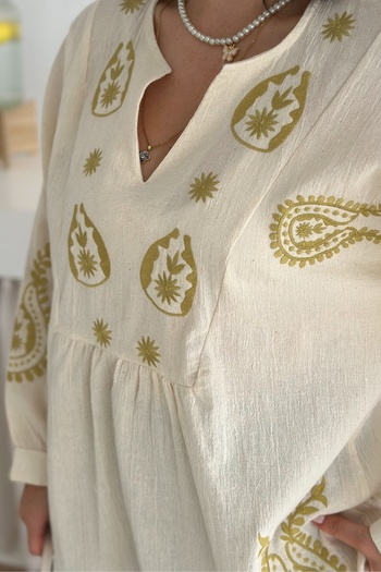 FEMELLE Beige Ethnic Patterned V-Neck Embroidered Casual Blouse
