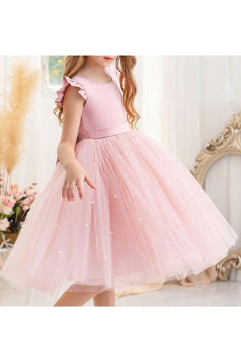 NSMLİFE Girl's Pearls Ruffle Sleeve Dress Graduation Birthday Special Occasion Evening Dress