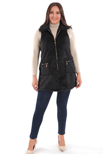 Metpoint Trend42Plus Plus Size Black Fur Vest with Zipper and Pocket Detail