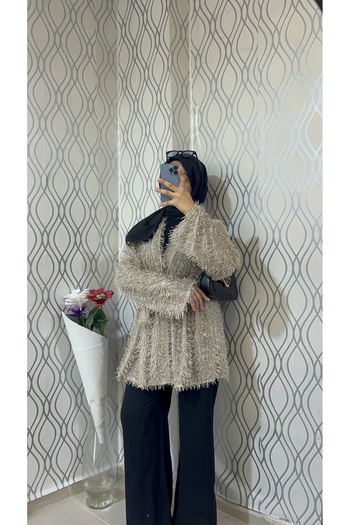 DİLEKBUTİK Beige Fringed Mobile Belt Kimono