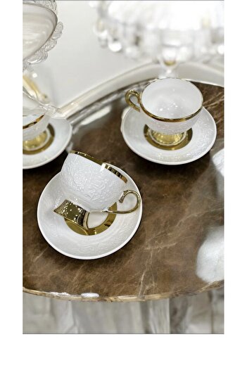 LeesHome Decorative Gold Engraved Gold White Model 6-Piece Large Size Cup Set - Coffee Presentation Set