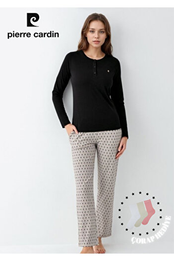 Pierre Cardin Women's Clothing Button Detail Modal & Cotton Long Sleeve 2-Piece Black Pajama Set L1.Pc.9102.001