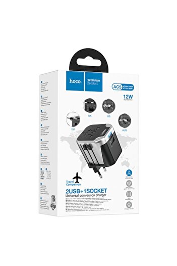 Hoco AC5 Convertor Priza, 2xUSB-A, Adaptor Universal, EU/UK/US/AUS, Black