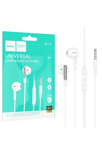 Hoco Wired Earphones (M123), In Ear, 3.5mm, 1.2m, Mic & Volume Key, HiFi, White