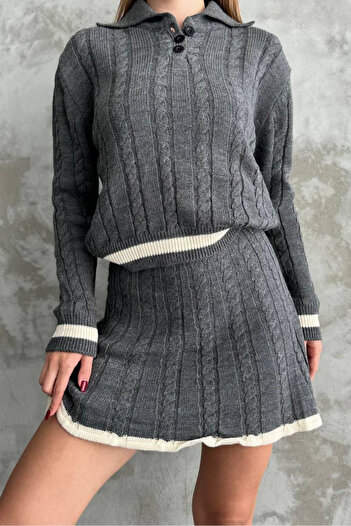 macharel jeans Women's Polo Neck Skirted Knitwear Set Sweater/Skirt