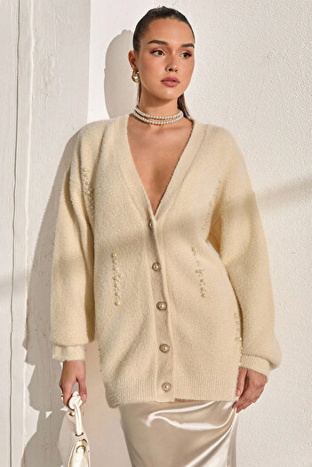 H&E LUXURY DESIGN Women's Cream Pearl Embellished Buttoned Cardigan