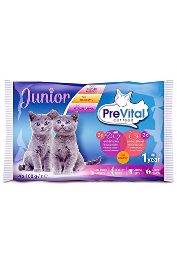Prevital Wet Cat Food, Junior, With Lamb/Turkey And Salmon/Trout, 4x100 g