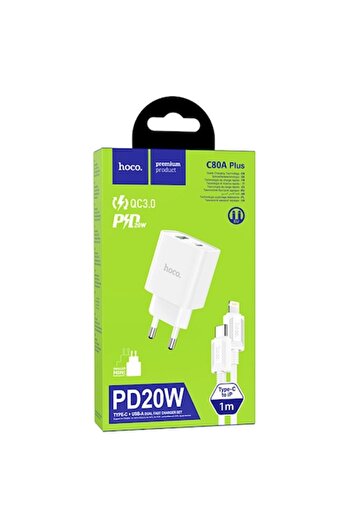 Hoco C80A Plus Charger + Lightning Cable, 20W, 5V, 3.1A, 1xUSB-C, 1xUSB-A, PD, QC 3.0, White