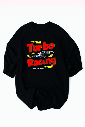 Racıng Unisex Black Licensed Turbo Written Oversize T-Shirt T-Shirt