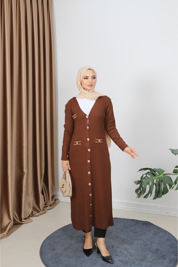 NİSUM MODA Mercerized Long Cardigan with Pocket Detail