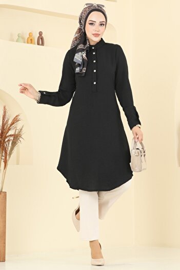 ModaMerve Half Button Aerobin Tunic 1163Erk1158-Ms Black