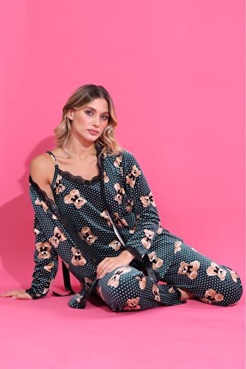 Elit Women's 3-Piece Velvet Dressing Gown Pajama Set Dowry Set