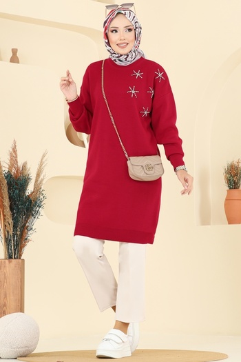 ModaMerve Stone Detailed Knitwear Tunic 2717Ayd574-Ms Red