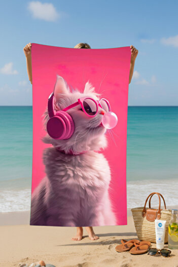 BETHA Sakiz Patlatan Pink Cat Cotton Beach Towel – Patterned Design – 75X150 cm