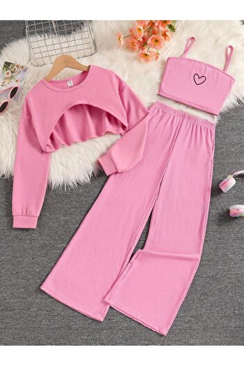 Machetta Children's Heart Printed Sweatshirt Strap Crop Tracksuit Set