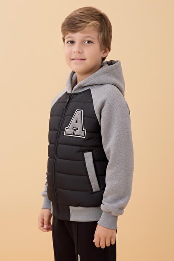 Perendi Boys' Plush-Lined Quilted Hooded College Jacket – Black