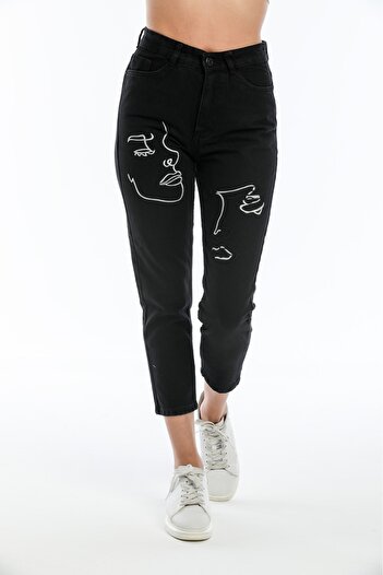 SHEVEGA Women's Leg Face Embroidered Smoked Denim Pants