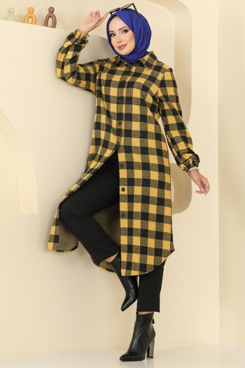 ModaMerve Shirt Collar Plaid Tunic 3062Ktr750-Ms Pattern 3 Mustard