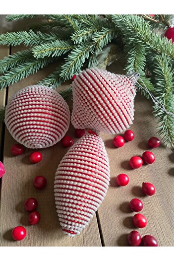 Armada 3-Piece Red Surface with White Pearls Spinning Top Christmas Tree Ornament Decorative Pine Tree Ornaments (8 cm)