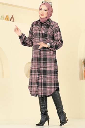 ModaMerve Shirt Collar Plaid Tunic 3062Ktr750-Ms Pattern 2 Pink