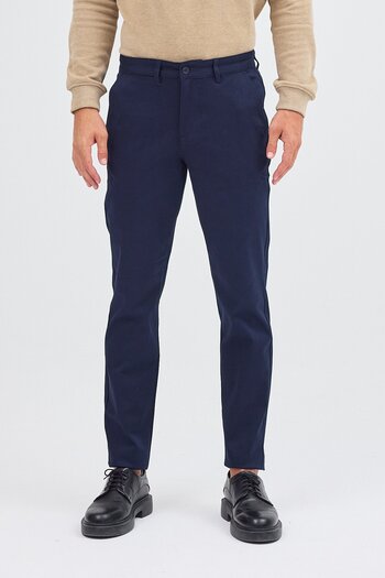 İmza Dark Navy Side Pocket Straight Leg Cotton Slim Fit Chino Casual Trousers 1003255155
