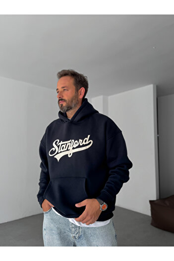 BYBASICMAN Lacivert Stanford Baskılı Kapüşonlu Sweatshirt PM-08