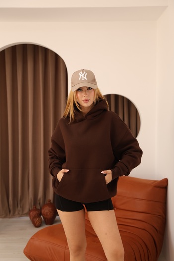 TİENDEROPA Women's Oversize 3 Thread Ribbed Winter Hooded Sweatshirt with Kangaroo Pocket