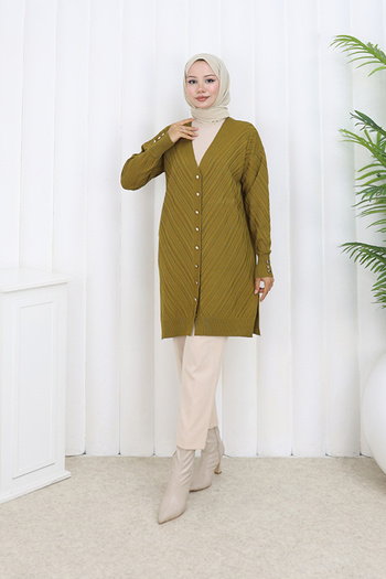 benguen Patterned Long Mercerized Cardigan N3198 Oil Green
