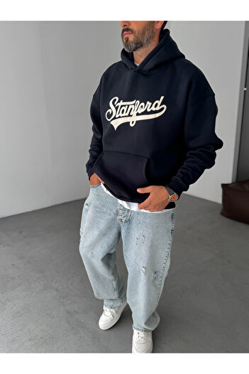 BYBASICMAN Lacivert Stanford Baskılı Kapüşonlu Sweatshirt PM-08