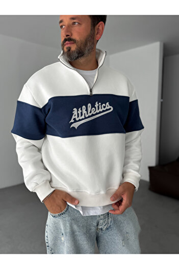 BYBASICMAN White Half Zip Athletics Embroidered Sweatshirt Pm-07