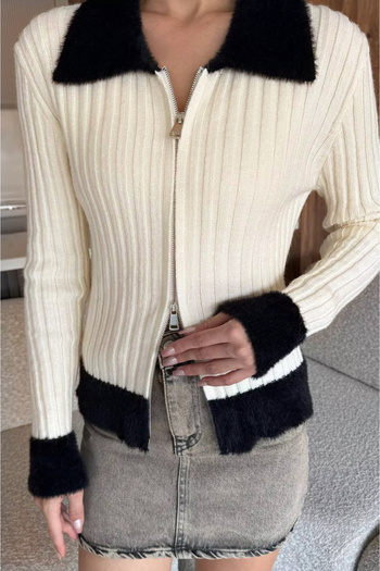 studio fashion 1988 Women's Cream Shirt Collar Zippered Knitwear Cardigan