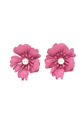 Avant-Garde Paris Floral Pearl Stud Earrings In Dark Pink