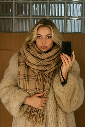 Goldmine Unisex Puffy ελαφρύ κασκόλ καφέ καρό