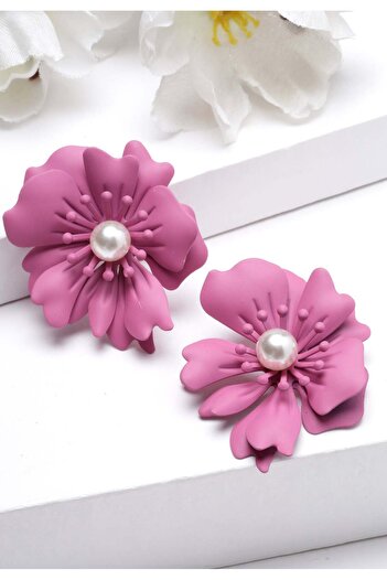 Avant-Garde Paris Floral Pearl Stud Earrings In Dark Pink