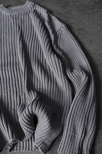 Slatra Men's Gray Thick Ribbed Wool Blend Crew Neck Oversize Sweater