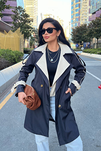 giyimmasalı Bondit Fabric Design Trench Coat - Dark Blue